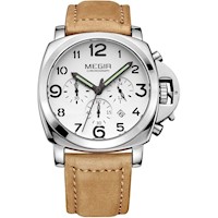 Reloj Megir Acero Plateado y Cuero Marrón MEG-33